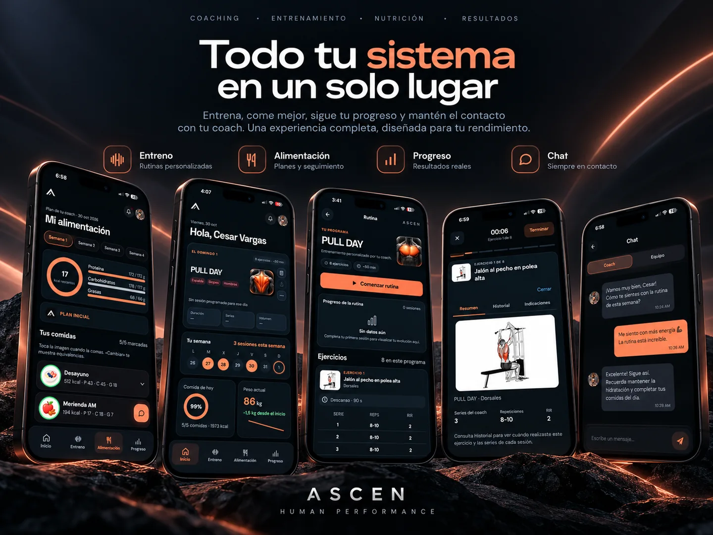 Diseño promocional de ASCEN mostrando el sistema de entrenamiento, alimentación, progreso y chat en cinco teléfonos